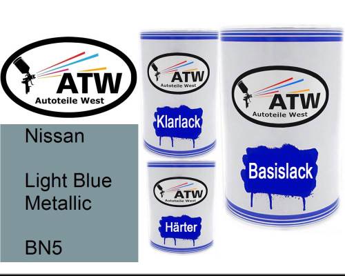 Nissan, Light Blue Metallic, BN5: 500ml Lackdose + 500ml Klarlack + 250ml Härter - Set, von ATW Autoteile West.